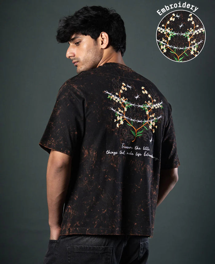 Powerlook Dark Brown Floral Embroidery Cotton T-Shirt