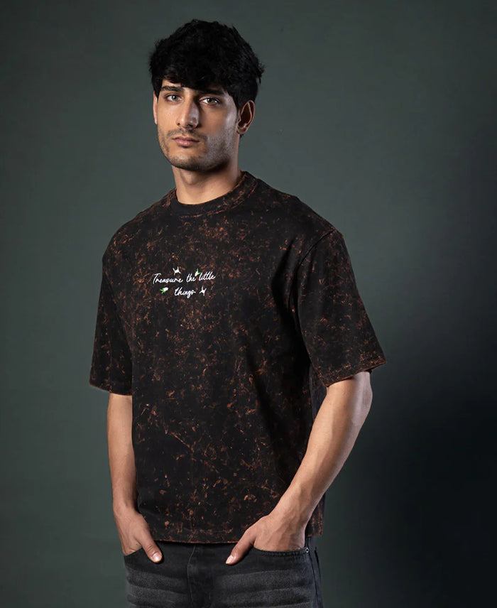Powerlook Dark Brown Floral Embroidery Cotton T-Shirt