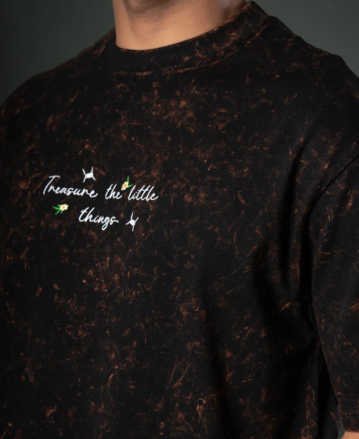 Powerlook Dark Brown Floral Embroidery Cotton T-Shirt