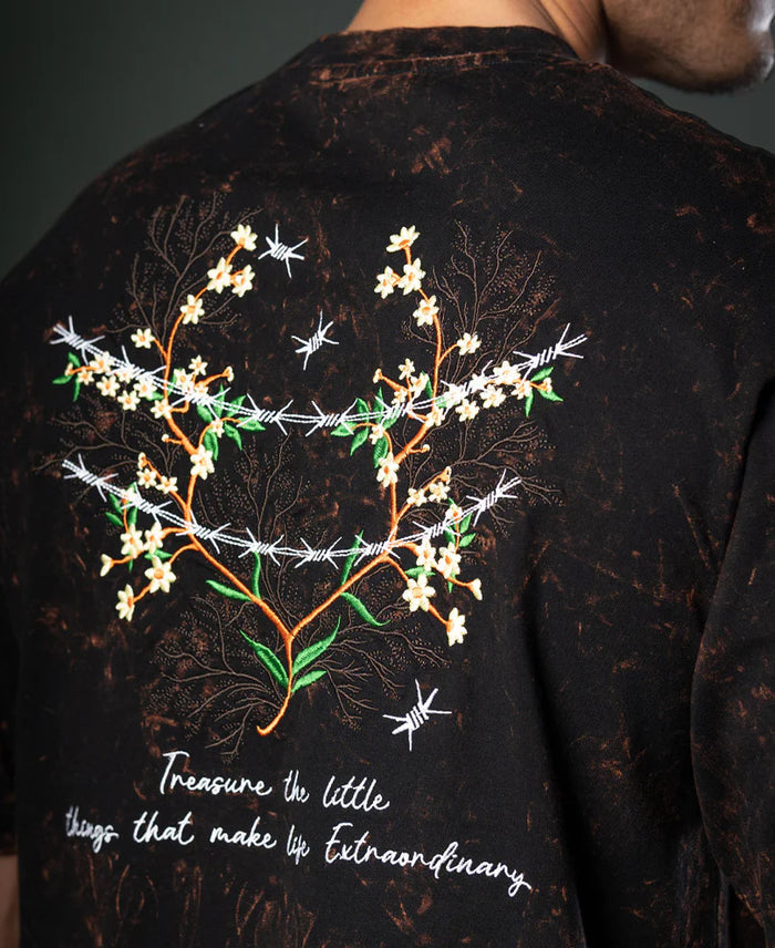 Powerlook Dark Brown Floral Embroidery Cotton T-Shirt