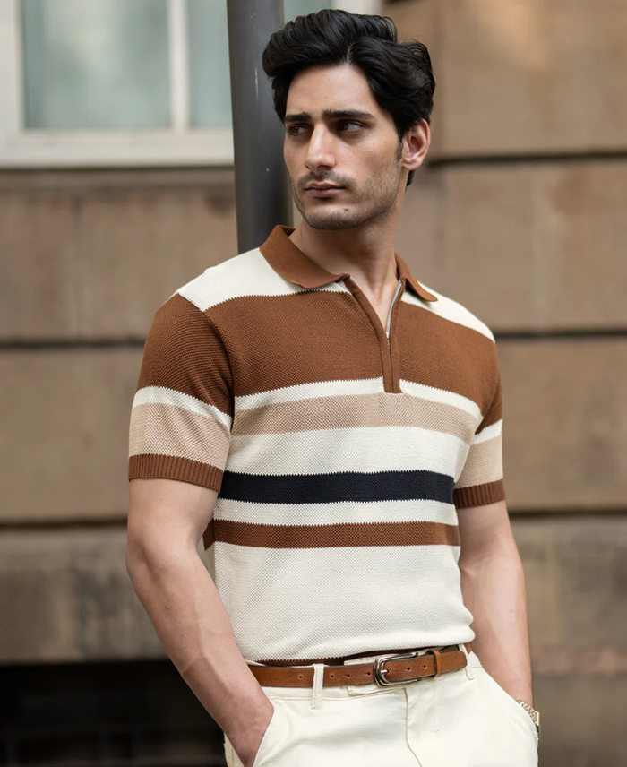 Powerlook Multicolor Striped Knit Cotton T-Shirt