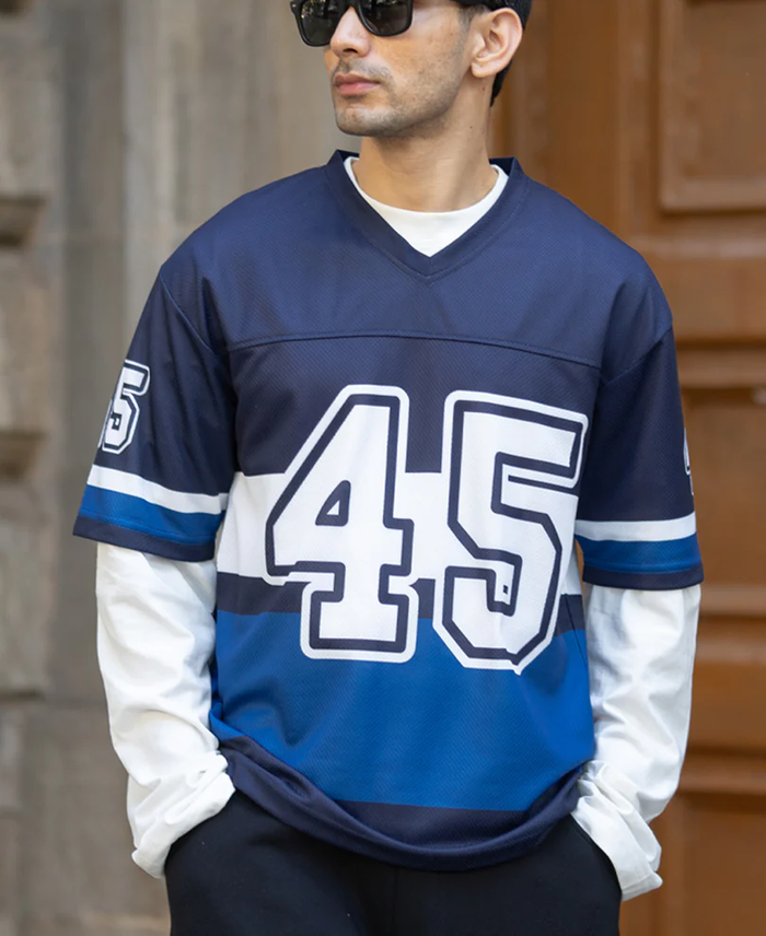 Powerlook Navy Printed Oversized Jersey T-Shirt
