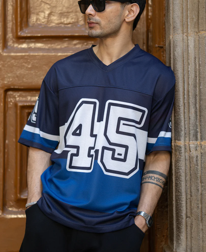 Powerlook Navy Printed Oversized Jersey T-Shirt