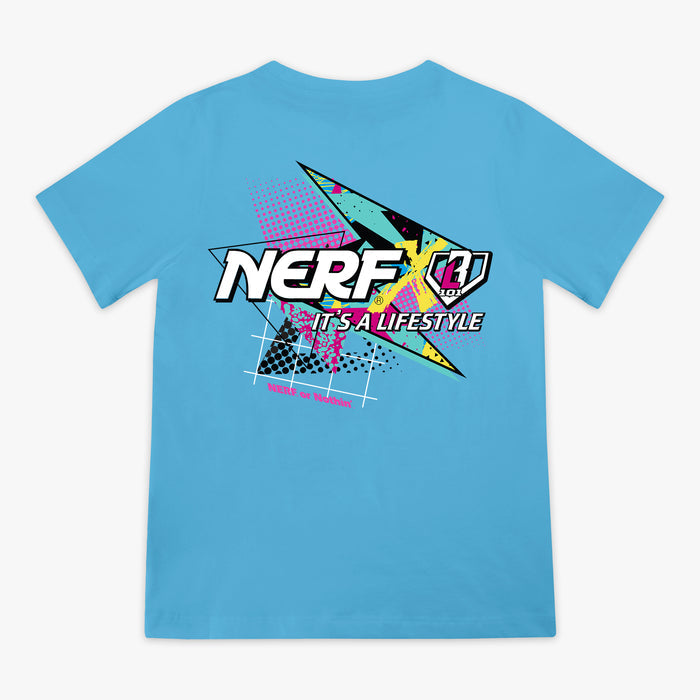 Blue t-shirt with colorful 'NERF X BL101 It's a lifestyle' logo on a white background