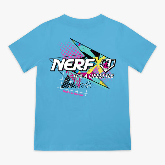 Blue t-shirt with colorful 'NERF X BL101 It's a lifestyle' logo on a white background