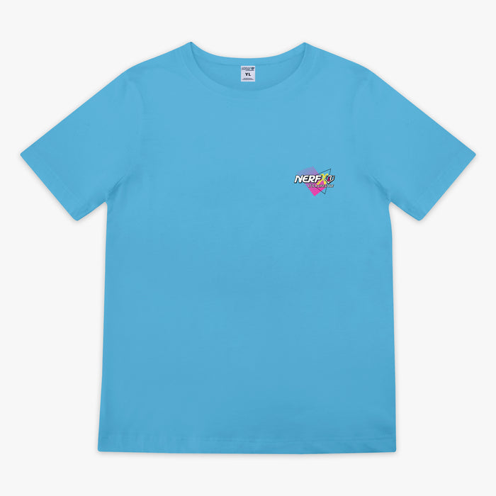 Blue t-shirt with a small colorful 'NERF X BL101 It's a lifestyle' logo on the chest against a white background