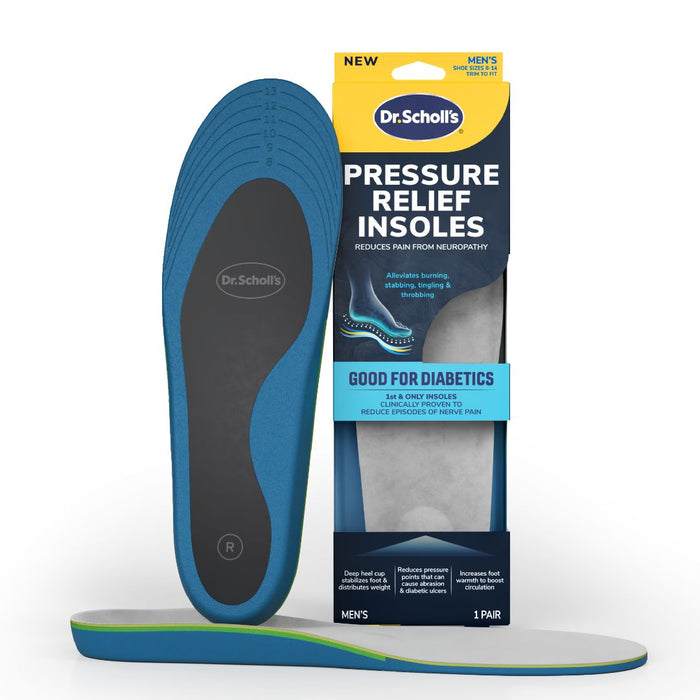 Blue pressure relief insole pair with black footbed and Dr. Scholl's logo.