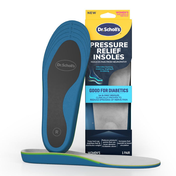 Blue pressure relief insole pair with black footbed and Dr. Scholl's logo for women.