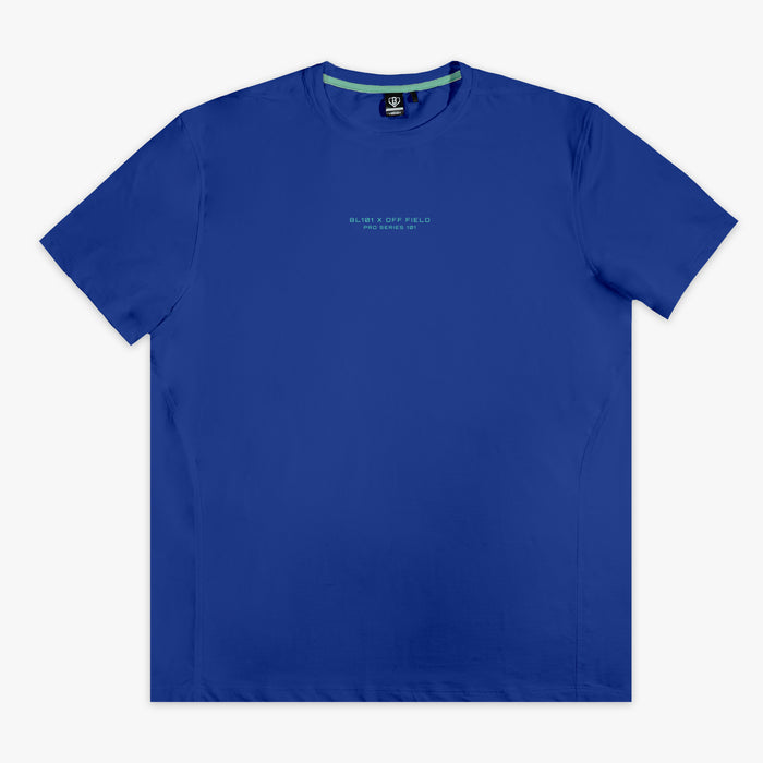 Blue t-shirt with a brand logo on a white background