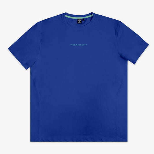 Blue t-shirt with a brand logo on a white background