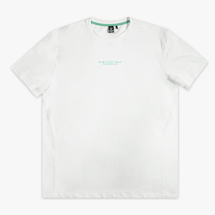 White t-shirt with a brand logo on a white background