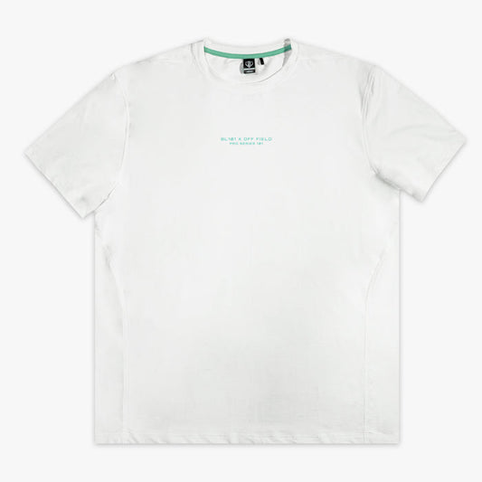 White t-shirt with a brand logo on a white background
