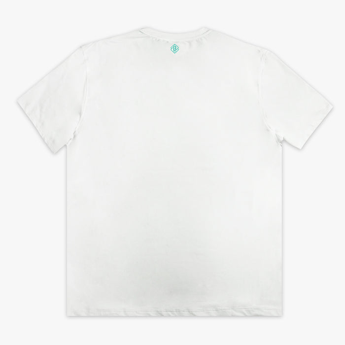 White t-shirt with a small logo on the chest against a white background