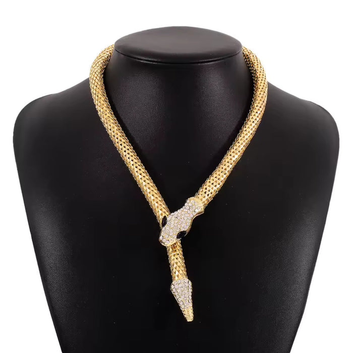 Punk Snake Choker Necklace Gold Tone Full Rhinestone Magnetic Jewelry for Women
