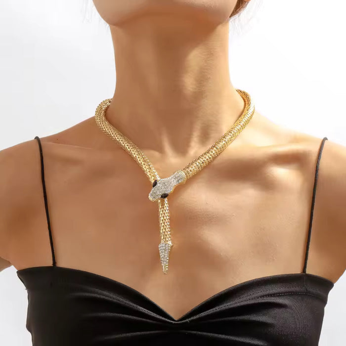 Punk Snake Choker Necklace Gold Tone Full Rhinestone Magnetic Jewelry for Women
