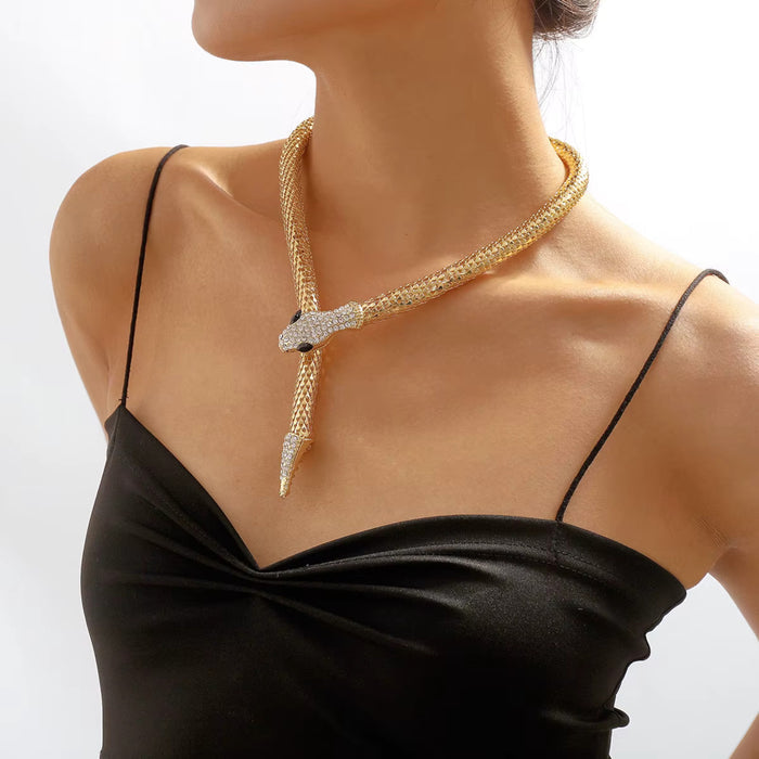 Punk Snake Choker Necklace Gold Tone Full Rhinestone Magnetic Jewelry for Women