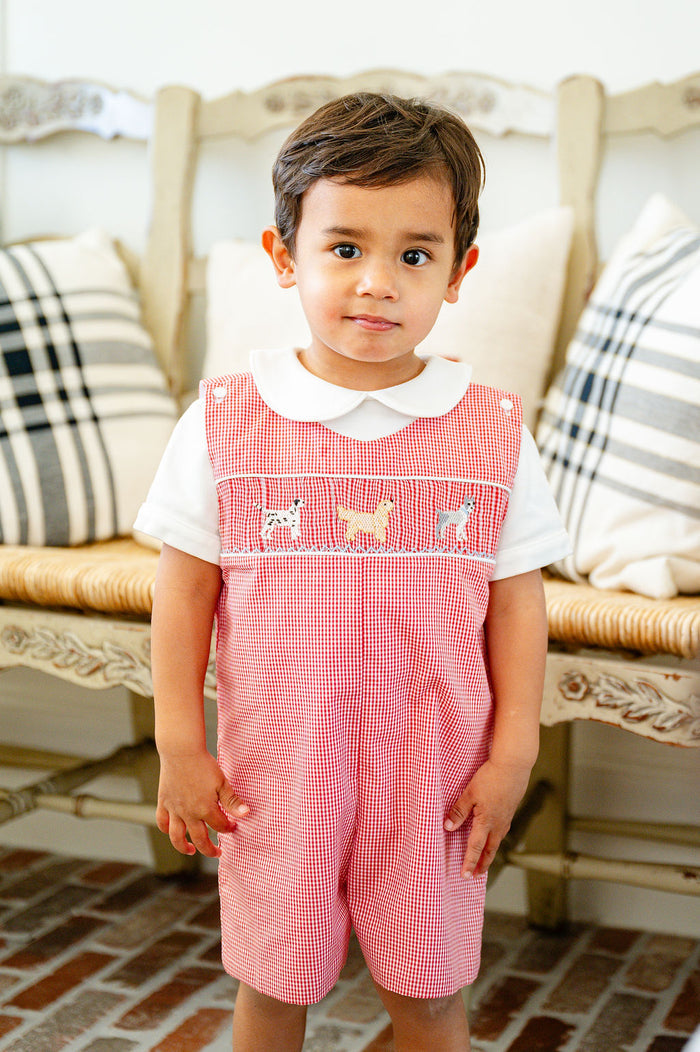 Baby & Toddler Boys Red Gingham Hand-Smocked Three Puppies Jon Jon – Springtime Parties & Special Occasion Outfit – Sizes 3M–4T