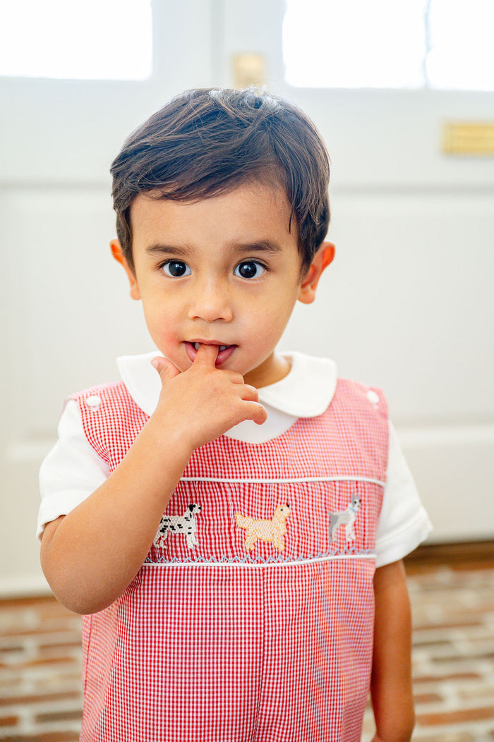 Boys Classic Southern Smocked Puppy Dog Jon Jon – Red Gingham with Hand-Smocked Puppies – Pairs with Peter Pan Collar Shirt – Spring Parties & Family Gatherings – Sizes 3M–4T
