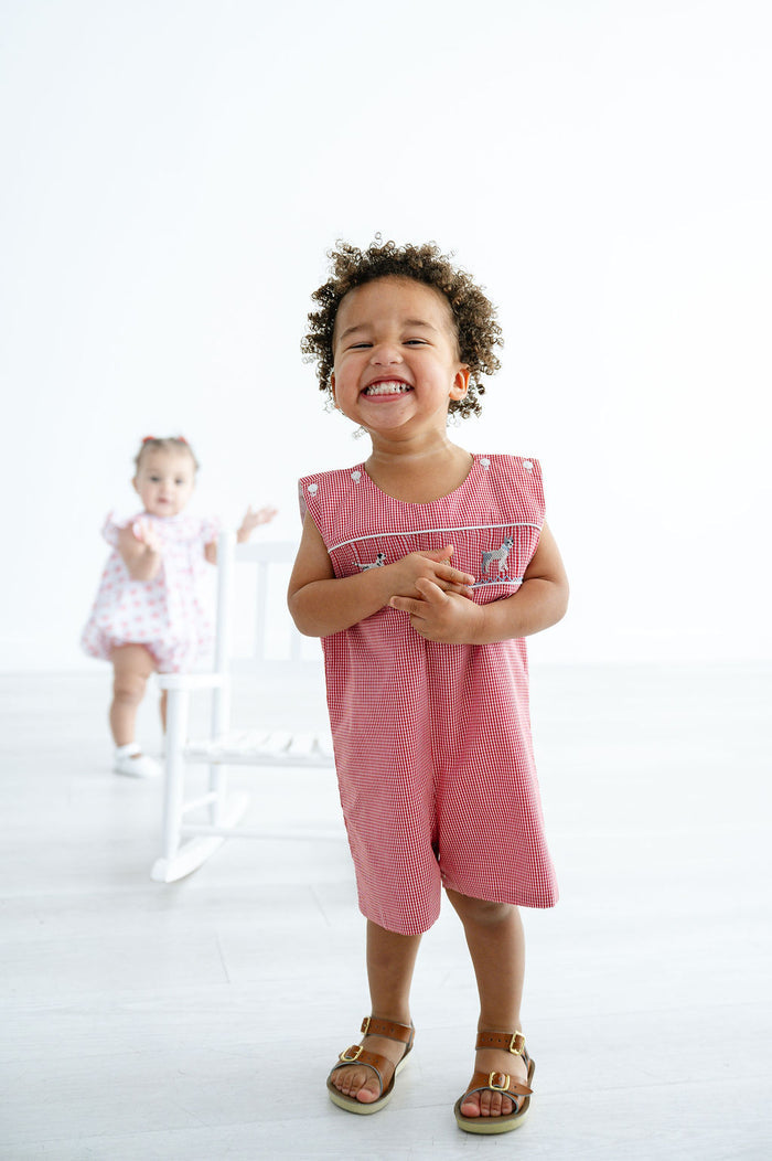 Baby & Toddler Boys Heirloom-Quality Red Gingham Smocked Puppy Jon Jon – Springtime Fun, Birthday Parties & Special Occasions – Sizes 3M–4T