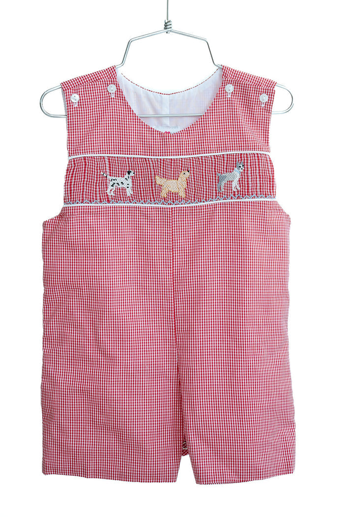 Baby & Toddler Boys Smocked Puppy Dog Jon Jon – Red Gingham with Three Hand-Smocked Puppies – Sibling Matching Spring & Picture-Perfect Family Photo Outfit – Sizes 3M–4T