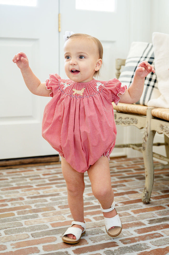 Newborn & Baby Girls Red Gingham Hand-Smocked Three Puppies Bubble – First Pawty Birthday & Special Celebration Outfit – Sizes NB–2T