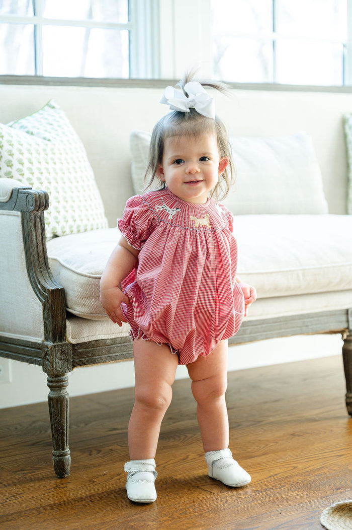 Baby Girls Classic Southern Smocked Puppy Dog One-Piece Bubble – Red Gingham with Hand-Smocked Puppies – First Birthday, Parties & Special Occasions – Sizes NB–2T