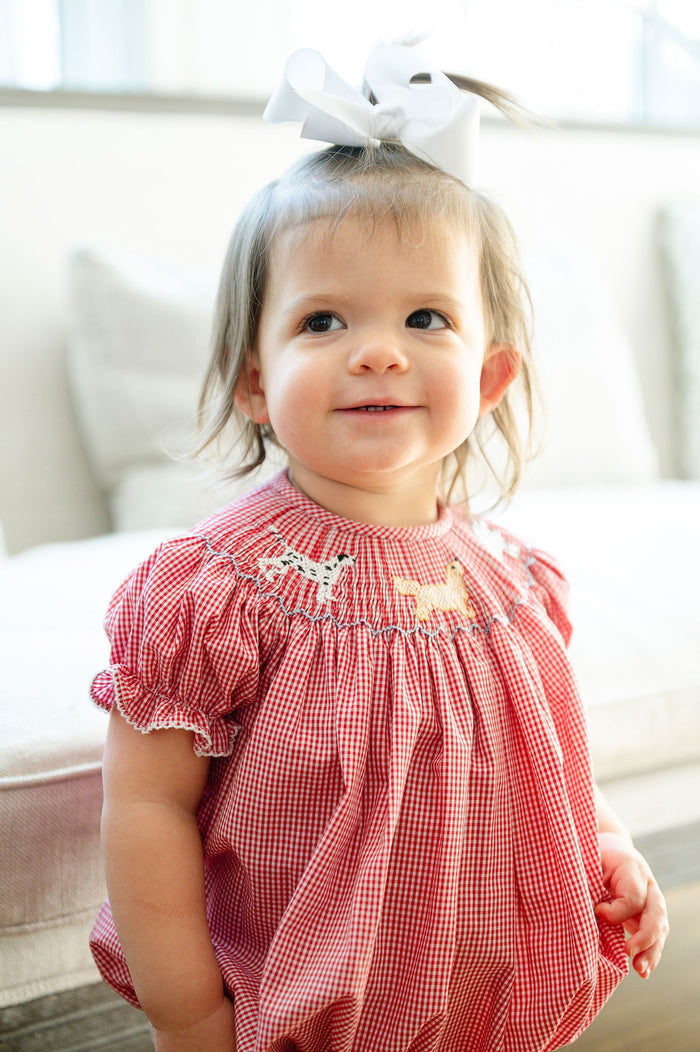 Newborn to Toddler Girls Heirloom-Quality Red Gingham Smocked Puppy Bubble – First PAWTY Birthday & Family Gathering Outfit – Sizes NB–2T