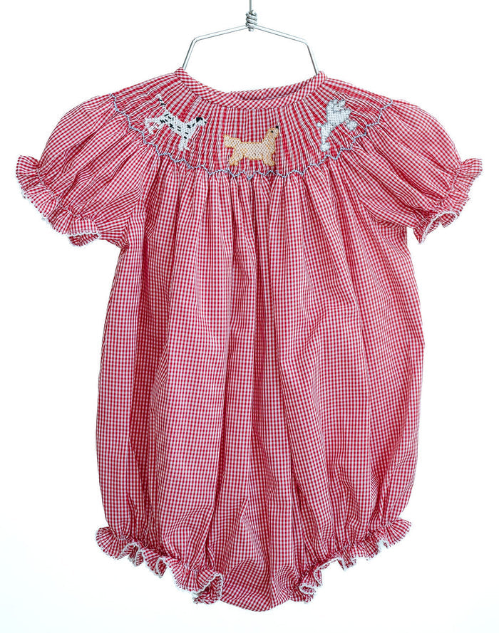 Baby Girls Soft Red Gingham Hand-Smocked Three Puppy Dogs Bubble – Classic Southern Craftsmanship – First Birthday, Celebrations & Special Occasions – Sizes NB–2T
