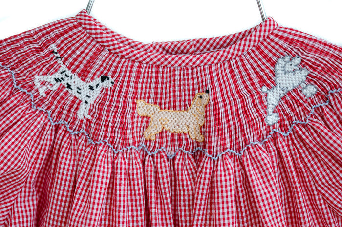 Newborn & Baby Girls Smocked Puppy Dog Bubble – Red Gingham with Three Hand-Smocked Puppies – Heirloom Keepsake First PAWTY Birthday & Party Outfit – Sizes NB–2T