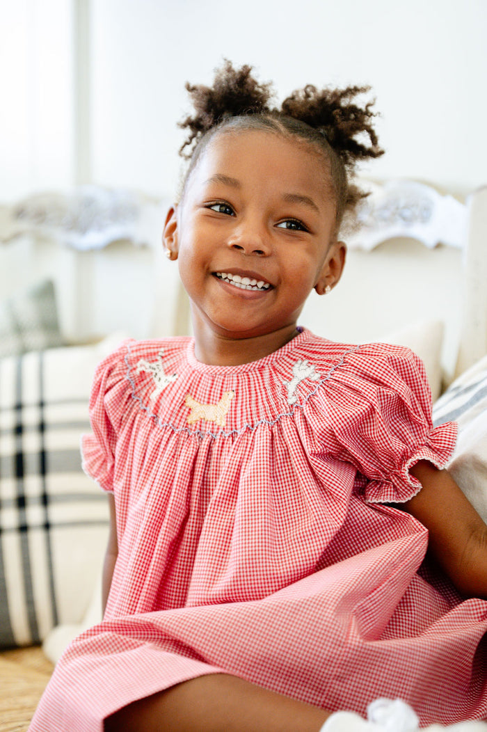 Toddler & Girls Red Gingham Hand-Smocked Three Puppies Dress – Classic Southern Heirloom Style – Parties, Family Gatherings & Special Occasions – Sizes 12M–8