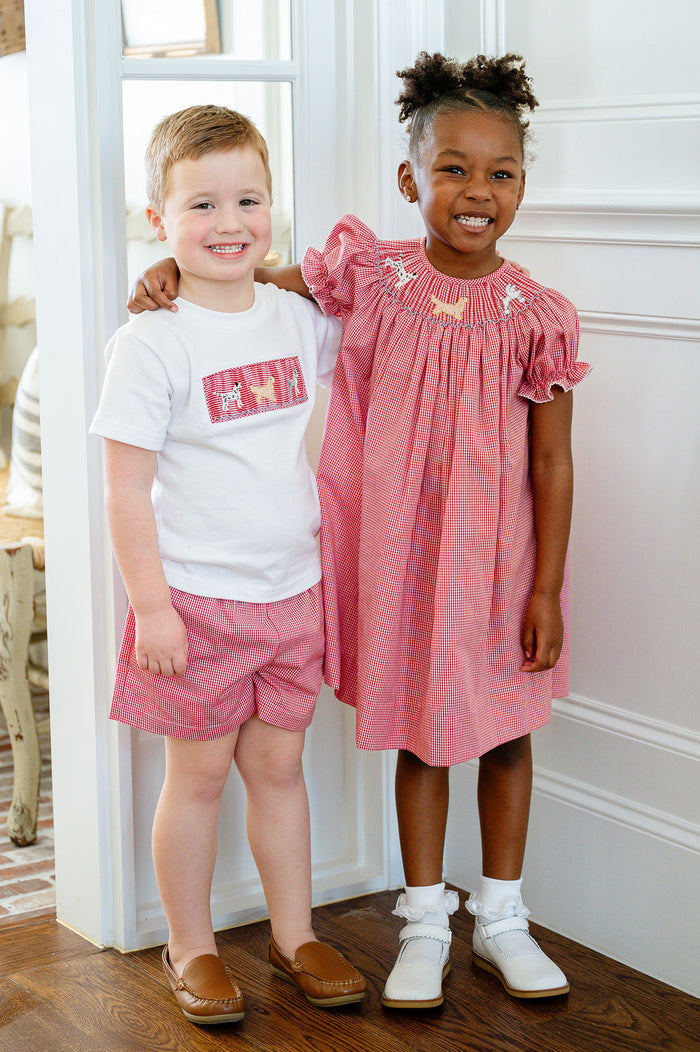 Little Girls Red Gingham Hand-Smocked Puppy Dress – Timeless Southern-Inspired Style – Birthday Parties, Family Gatherings & Everyday Wear – Sizes 12M–8