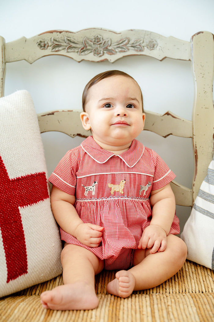 Newborn & Toddler Boys Red Gingham Hand-Smocked Three Puppies Bubble – Spring Parties, Family Events & Photo-Worthy Moments – Sizes NB–3T