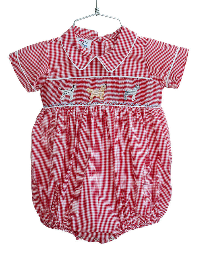 Newborn to Toddler Boys Heirloom-Quality Red Gingham Smocked Puppy Bubble – Sibling Matching – Spring Parties, Family Gatherings & Portrait Outfit – Sizes NB–3T