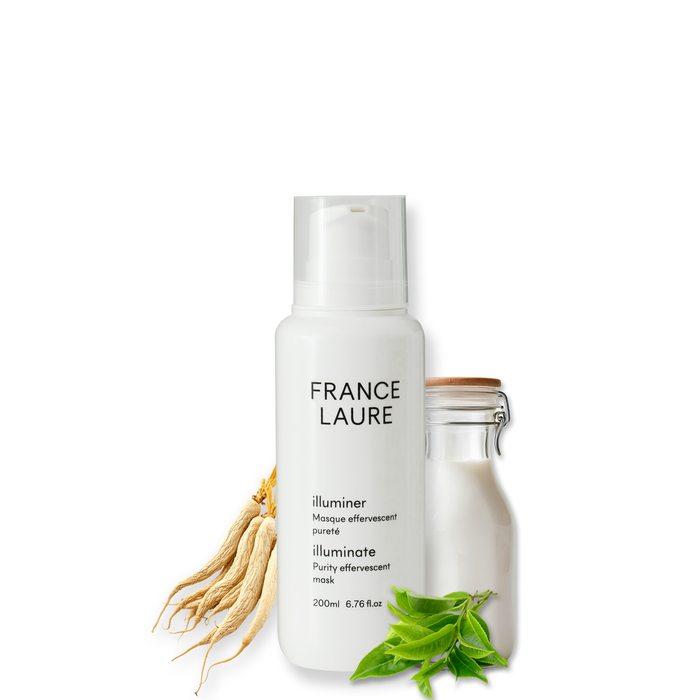 France Laure Illuminate Purity Effervescent Mask bottle with ginseng roots, green tea leaves, and milk jar, for radiant skin care