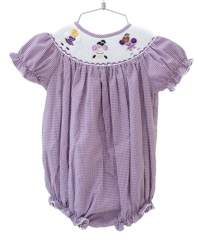 Smocked purple and white cheerleader bubble to cheer