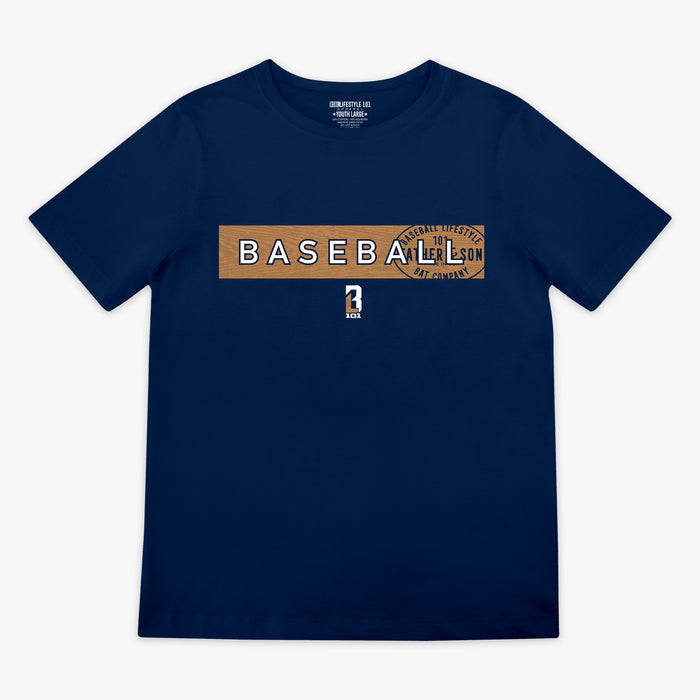 Flat lay front view of the BL101 Radar Tee in navy featuring a wood grain baseball bat graphic with BASEBALL lettering and Father & Son Bat Company stamp overlaid on the chest, with the BL101 logo below.