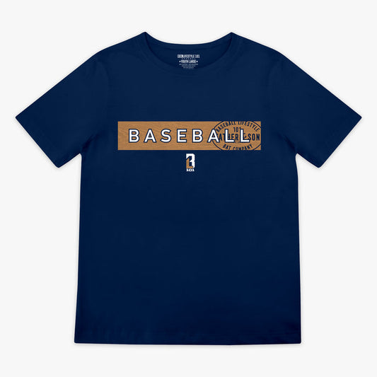 Flat lay front view of the BL101 Radar Tee in navy featuring a wood grain baseball bat graphic with BASEBALL lettering and Father & Son Bat Company stamp overlaid on the chest, with the BL101 logo below.