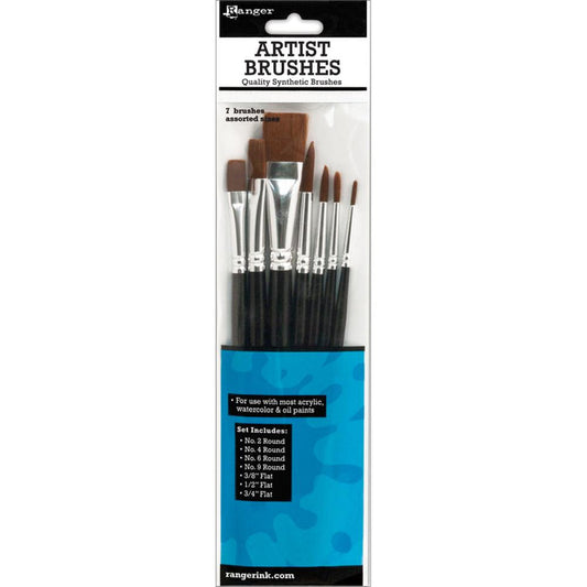 Ranger - Artist Brushes - 7/Pkg - Ranger-Artist Brush Set. For use with most acrylic, watercolor and oil paints! Whether you are a mixed media artist or crafter, these synthetic brushes produce smooth, even results. Available at Embellish Away located in Bowmanville Ontario Canada.