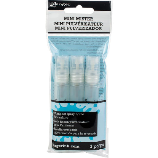 RANGER-Inkssentials Mini Misters. Use for applying water, inks, paints, alcohol, ink resist and much more to your paper crafts and even your textiles. Great for backgrounds with Distress Inks, set Perfect Pearls, activate watercolor paints and pencils, create faux stamped watercolor images, make paint glaze designs work with polymer and metal clays and so much more! Available at Embellish Away located in Bowmanville Ontario Canada.