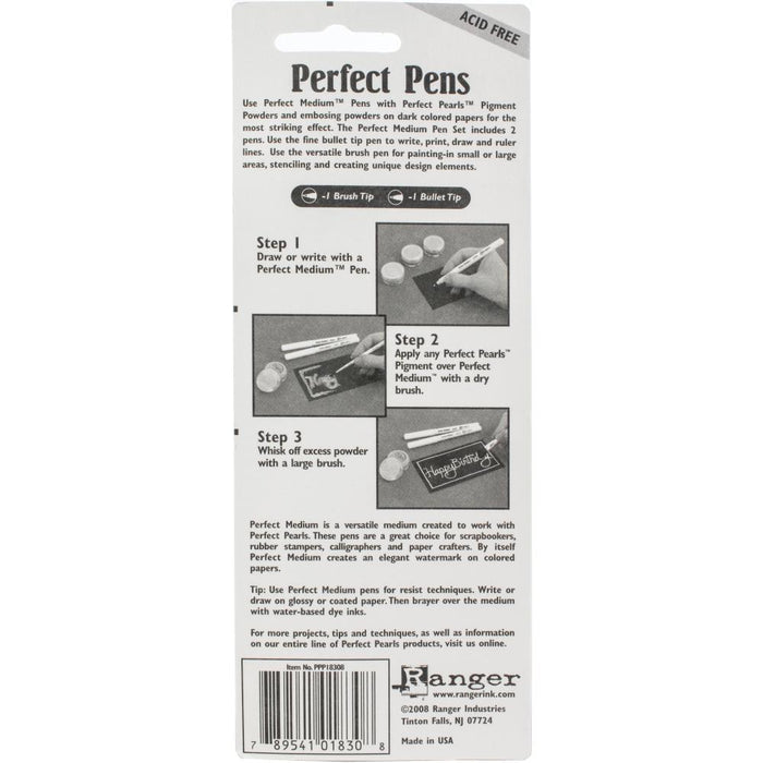 RANGER-Perfect Pen. Perfect Medium in pens! Works with Perfect Pearls Pigments and more! Perfect Pens work great as a resist ink, embossing ink and watermark too! Great for scrapbooking, card making and paper crafting! This package contains two acid free pens: one Bullet and one Brush. Made in USA. Available at Embellish Away located in Bowmanville Ontario Canada.