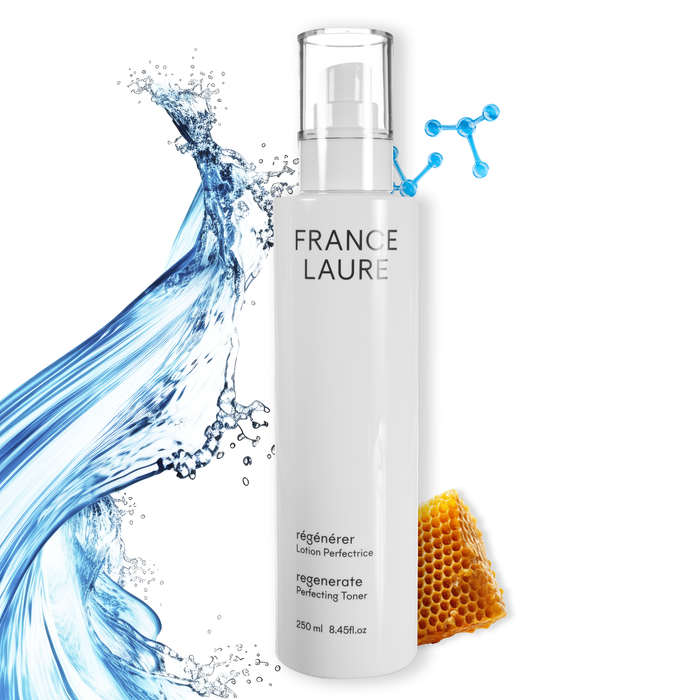 France Laure Regenerate Perfecting Toner 250ml with water splash, honeycomb, and molecular graphics for skin hydration and renewal