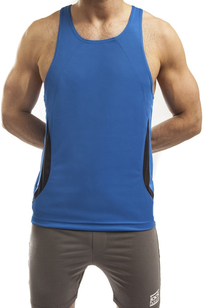 Man standing wearing a pair of Jack Adams blue/black Relay Proformance Tank Top (profile view) on a white background.