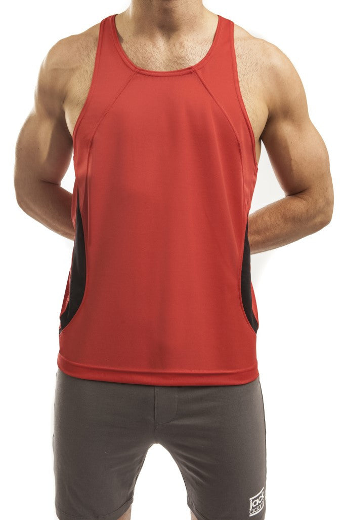 Man standing wearing a pair of Jack Adams red/black Relay Proformance Tank Top (profile view) on a white background.