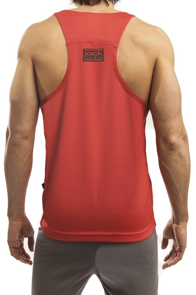 Man standing wearing a pair of Jack Adams red/black Relay Proformance Tank Top (back view) on a white background.