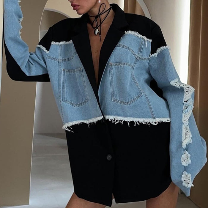 Retro Trendy Denim Patchwork Jacket — Contrast Colour Streetwear