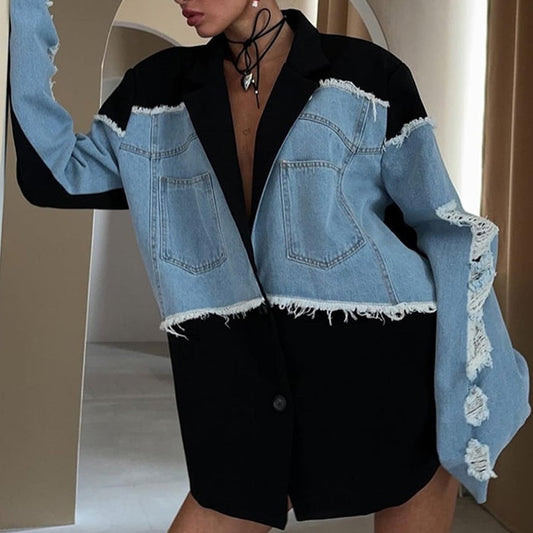 Retro Trendy Denim Patchwork Jacket — Contrast Colour Streetwear