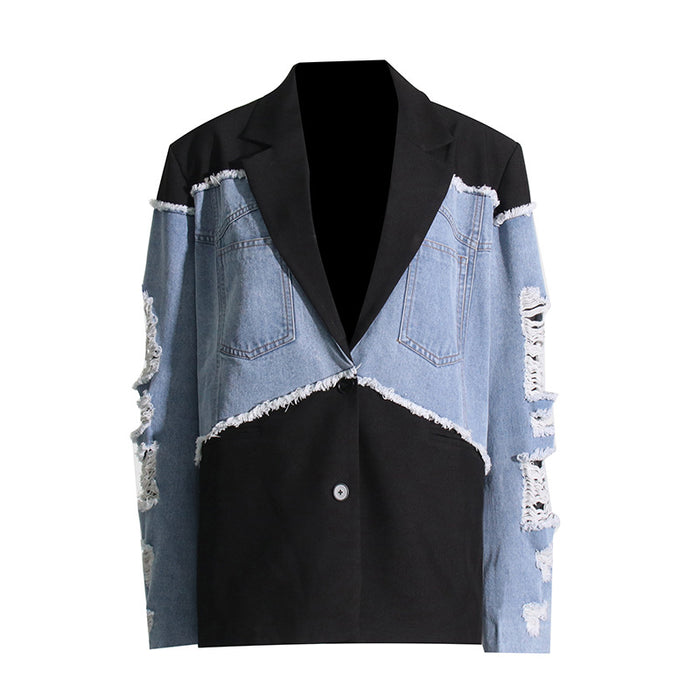 Retro Trendy Denim Patchwork Jacket — Contrast Colour Streetwear