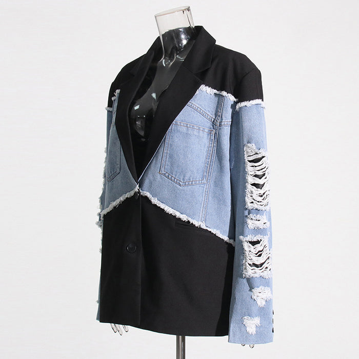 Retro Trendy Denim Patchwork Jacket — Contrast Colour Streetwear