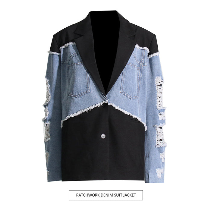 Retro Trendy Denim Patchwork Jacket — Contrast Colour Streetwear