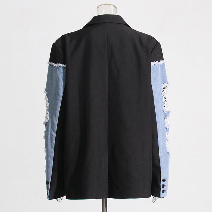 Retro Trendy Denim Patchwork Jacket — Contrast Colour Streetwear